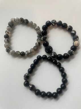 3 Black and White Beaded Stretch Bracelet - Women Jewelry